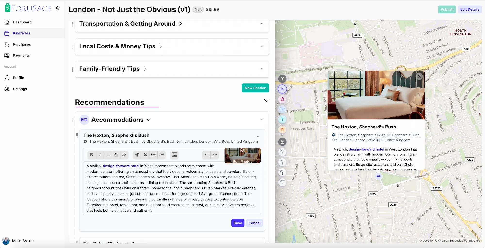 ForuSage Creator Interface - Recommendations and places
